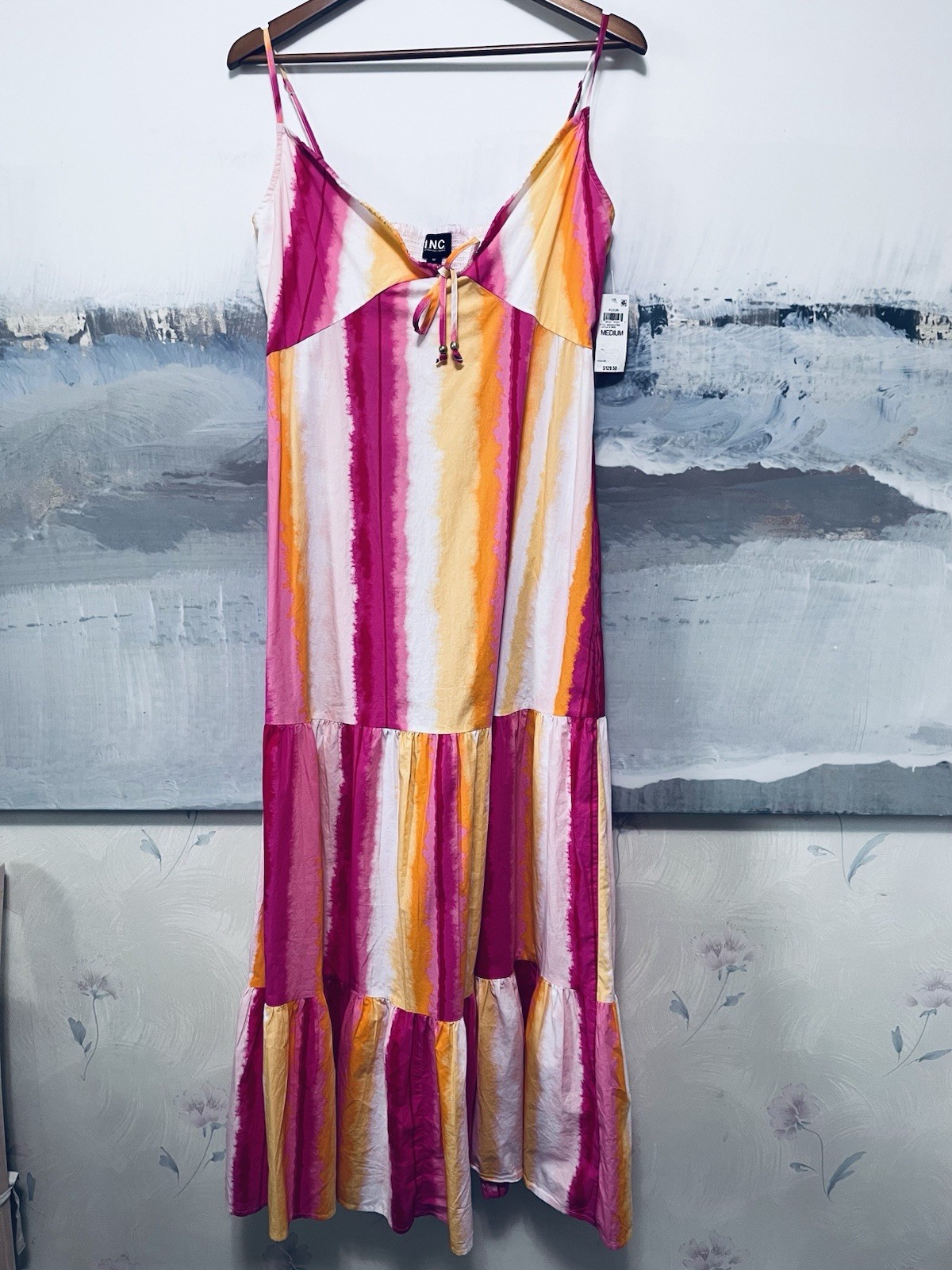 INC International Concepts NWT Maxi Dress M Pink Yellow Orange Striped Tiered
