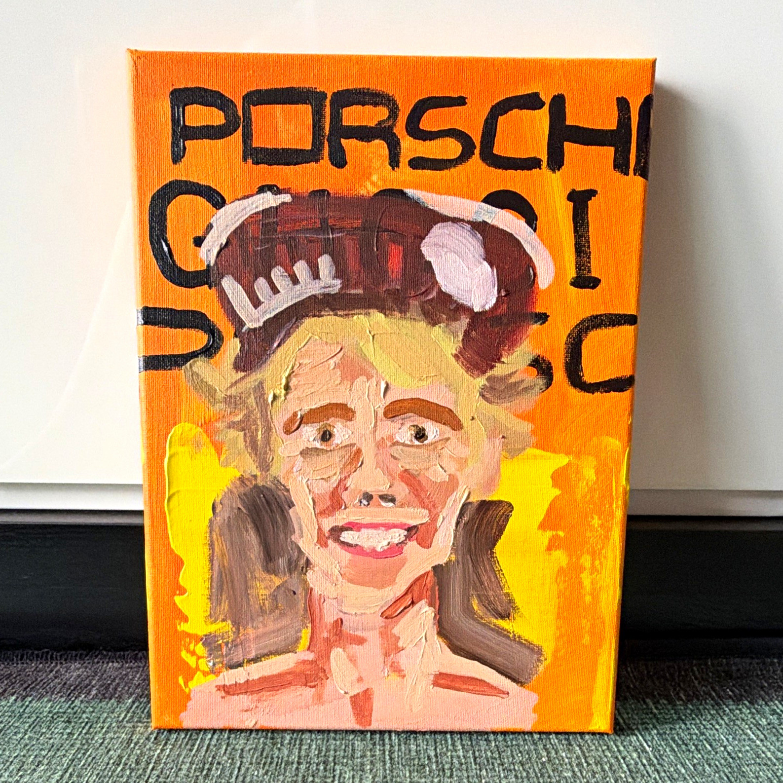 Original Hand-Painted Portrait Woman Canvas Painting w/ Porsche Gucci text Original Hand-Painted Portrait Woman Canvas Painting w/ Porsche Gucci text