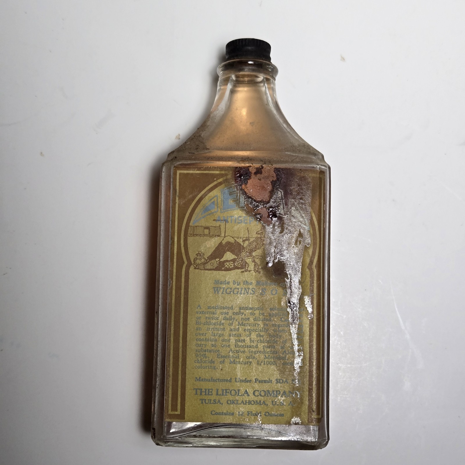 Vintage Wiggins Antiseptic Bottle – Lifola Company Tulsa Oklahoma – Apothecary