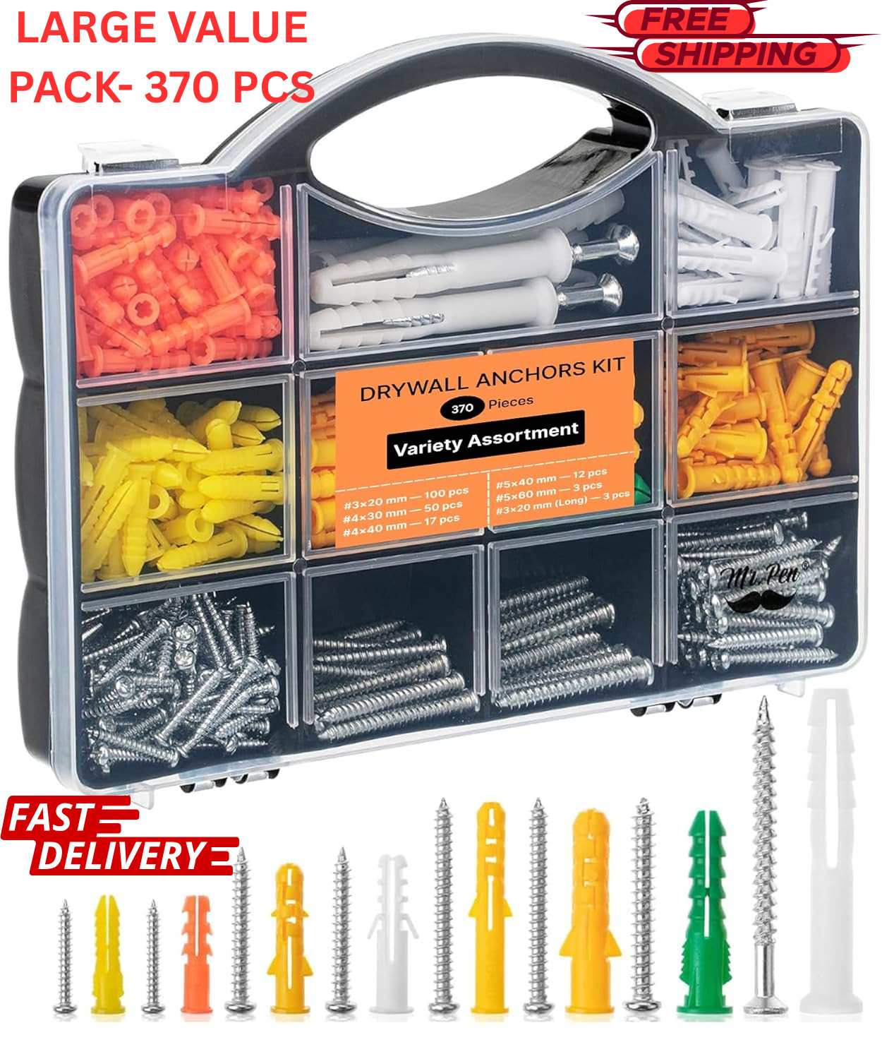 370PCS Drywall Anchors & Screws Kit Wall Anchor Assortment Set 6Sizes Storage US