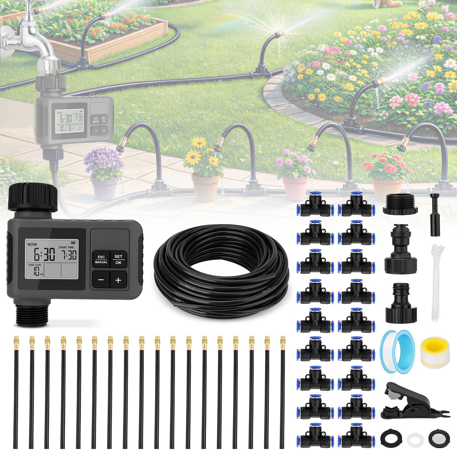 66FT Drip Irrigation Kit w/Timer Automatic Garden Watering for Greenhouse Flower