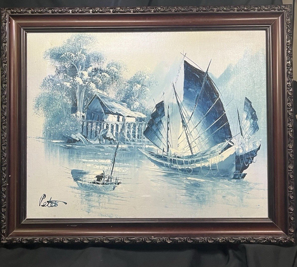 VINTAGE FRAMED OIL ON CANVAS CHINESE JUNK BOAT PAINTING SINGED PETER 20 X 16”
