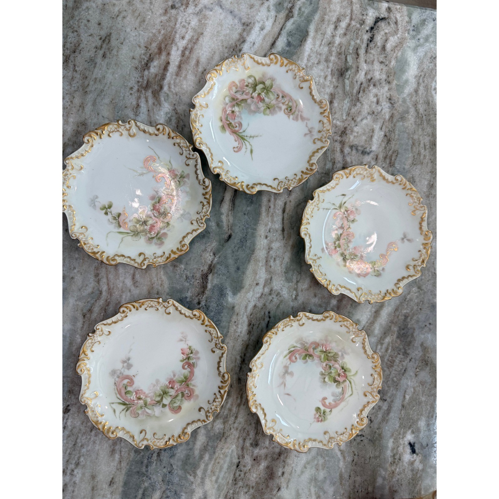 Antique French Limoge Hand Painted Small Plates (5) Gold Gilt Scalloped Rim