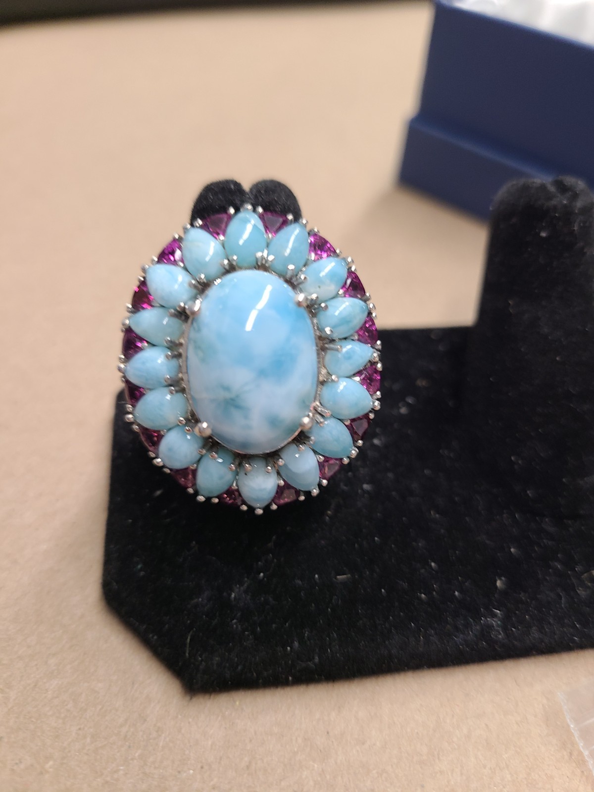 D\'Joy Larimar and Orissa Rhodolite Garnet 24.75 ctw Ocean Ripple Halo Ring in Rh
