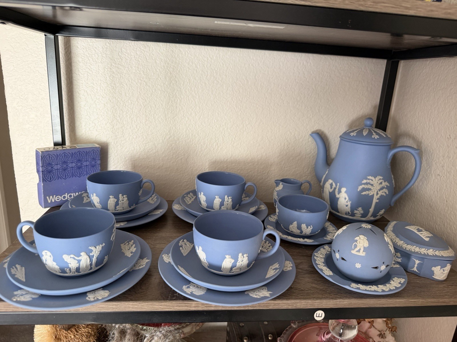 Vintage Wedgwood Blue Jasperware Coffee Set Glazed Inside (Service for 4; 19 pc)