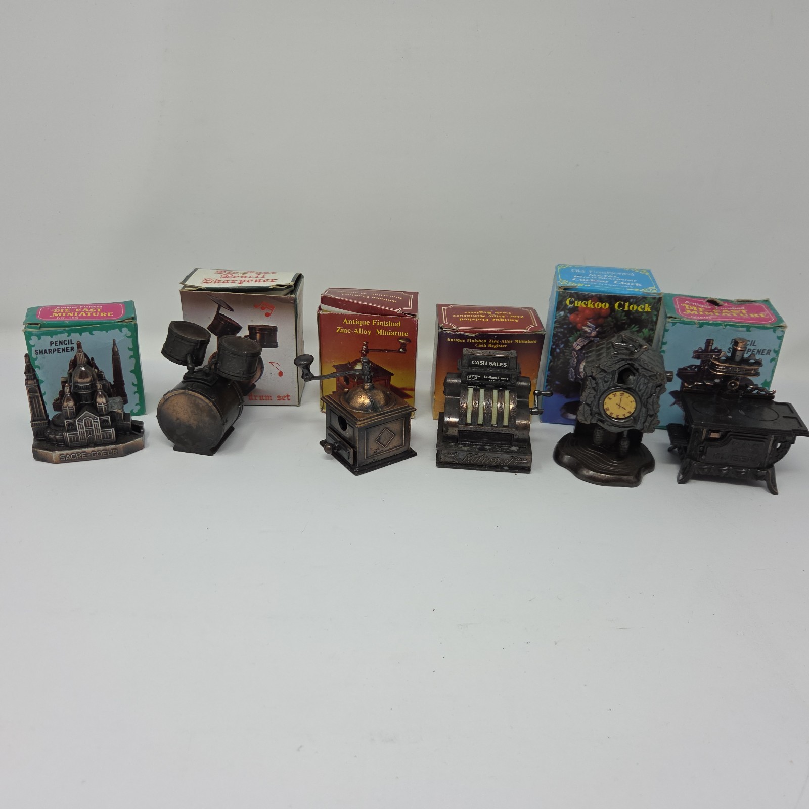 Vintage Antique Miniature Die Cast Metal Pencil Sharpeners Lot of 6