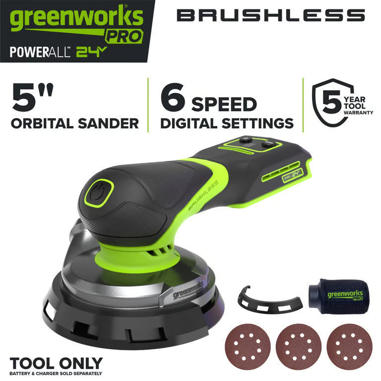 Greenworks Pro PowerAll 24V Brushless Random Orbit Sander, Tool Only, OS525A1