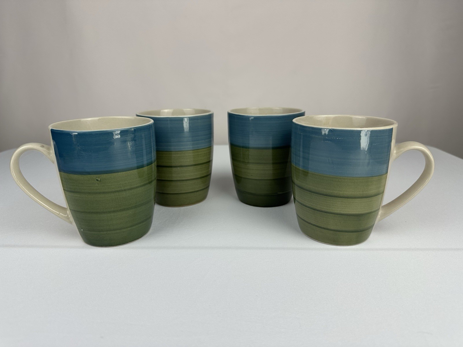 Set Of 4 Pier 1 Imports Blue/ Green Coffee Mugs Cups Stripes Set Of 4 Pier 1 Imports Blue/ Green Coffee Mugs Cups Stripes