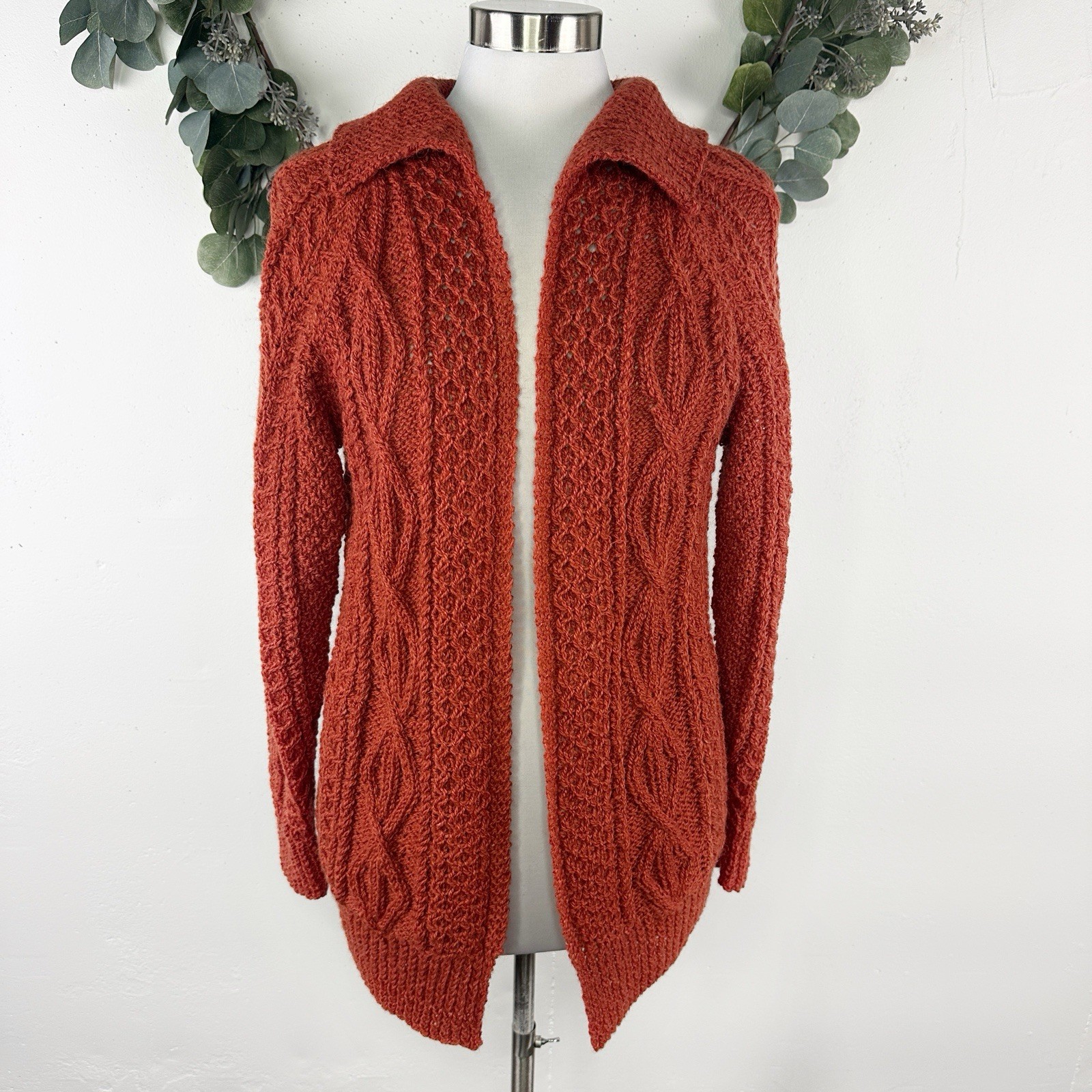Vintage Hand Knit Sweater S M 100% Wool Cable Knit Fisherman Rust Open Caridgan