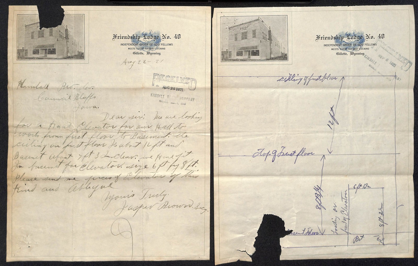 2 1921 IOOF / Oddfellows Gillette, WY Letterheads w/ Real Photo