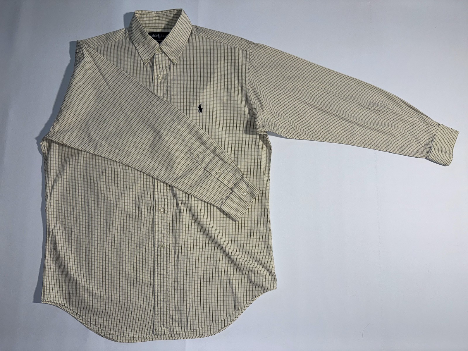 VTG Ralph Lauren Men\'s Small Cream Checkered Blake Dress Shirt Cotton VTG Ralph Lauren Men\'s Small Cream Checkered Blake Dress Shirt Cotton