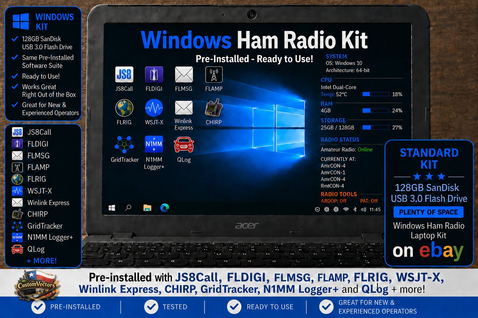 Windows Ham Radio Laptop Kit 128GB Digital Modes JS8Call FLDIGI WSJT-X Winlink