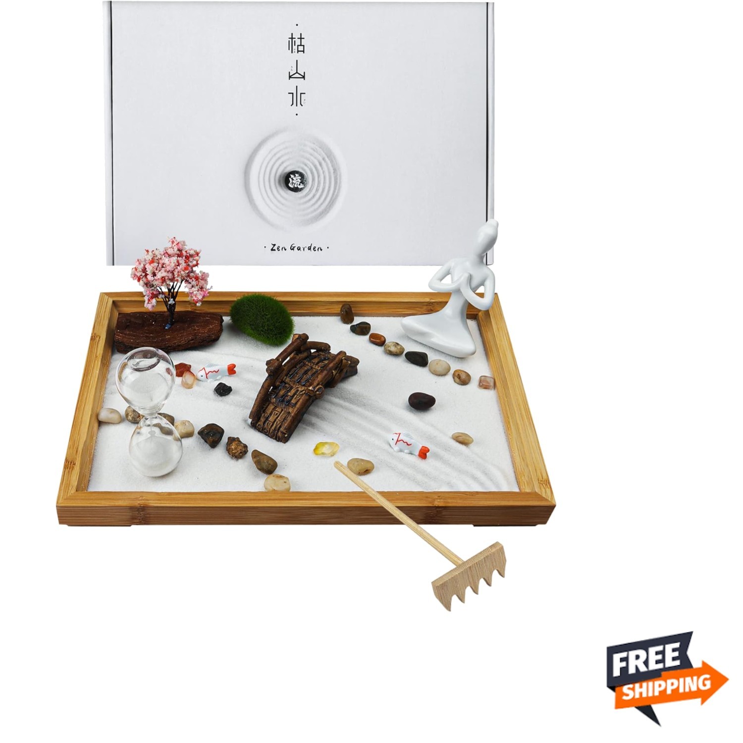 Mini Zen Garden Desk Decor Sand Tray with Rocks Rake Tree for Meditation