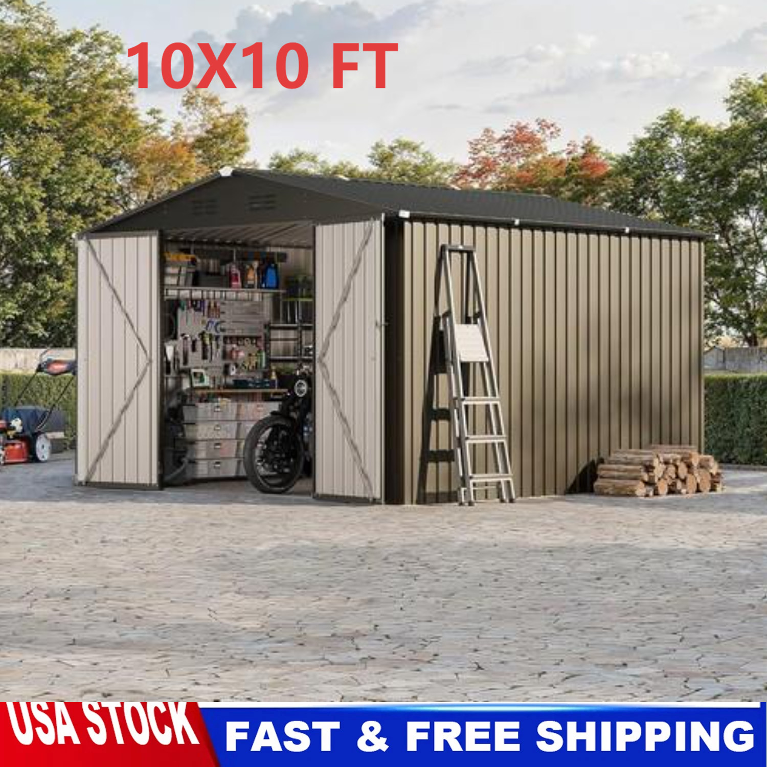 10x10FT Outdoor Metal Storage Shed with Durable Frame and Lockable Door Outdoor