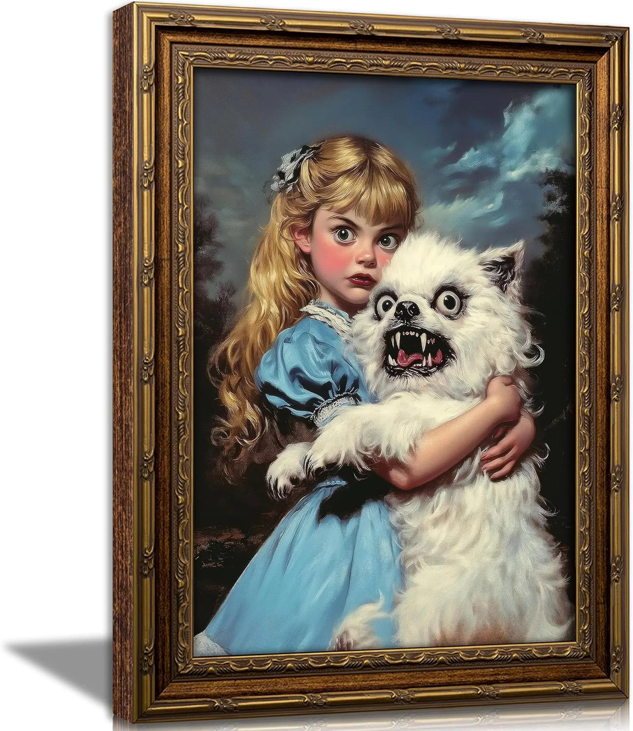 Vintage Gold Framed Victorian Gothic Wall Art, Whimsical Creepy Girl Holding Ugl Vintage Gold Framed Victorian Gothic Wall Art, Whimsical Creepy Girl Holding Ugl