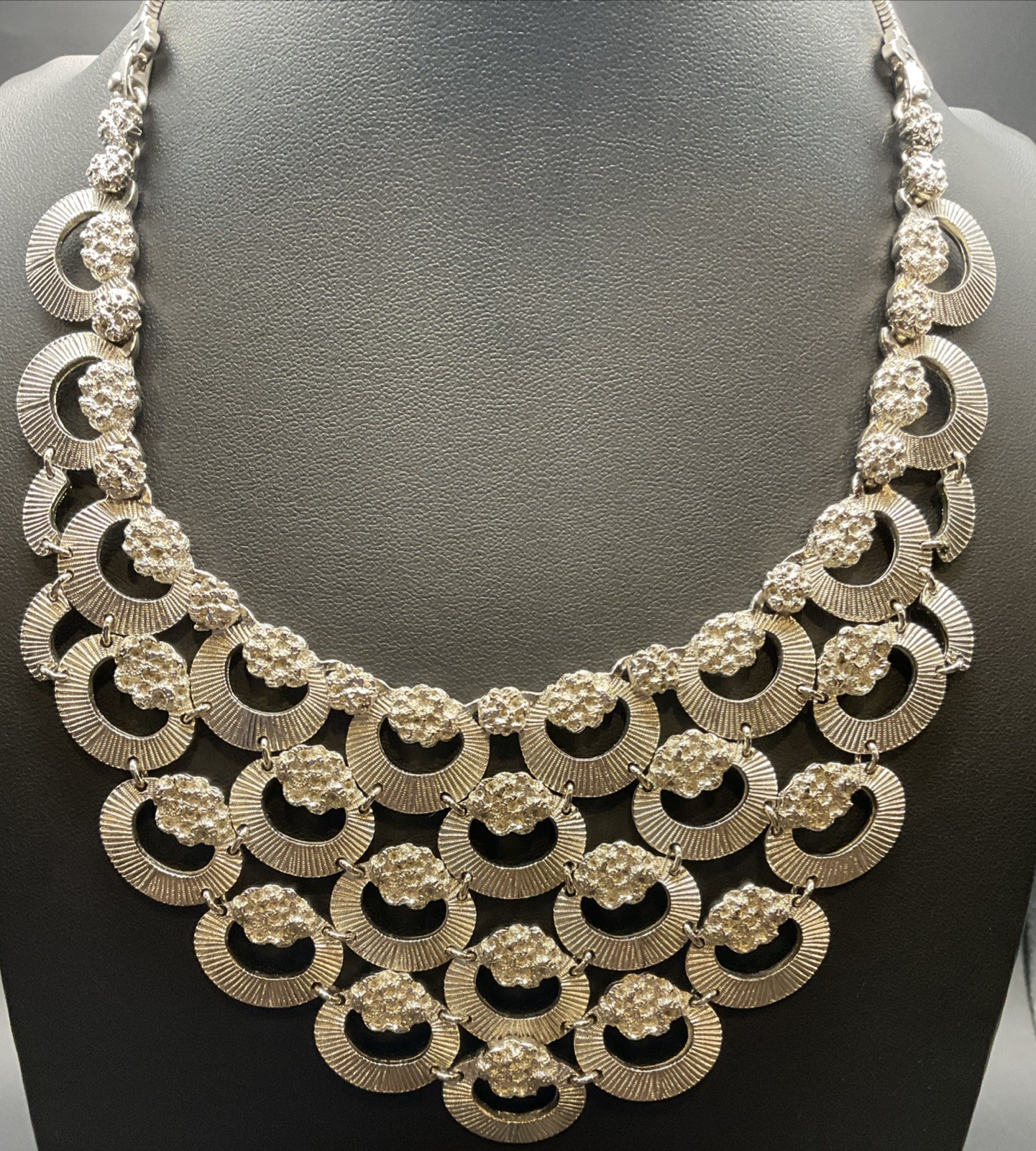 Vintage Signed MONET Textured Crescent Bib Necklace Silver Tone Egyptian Style