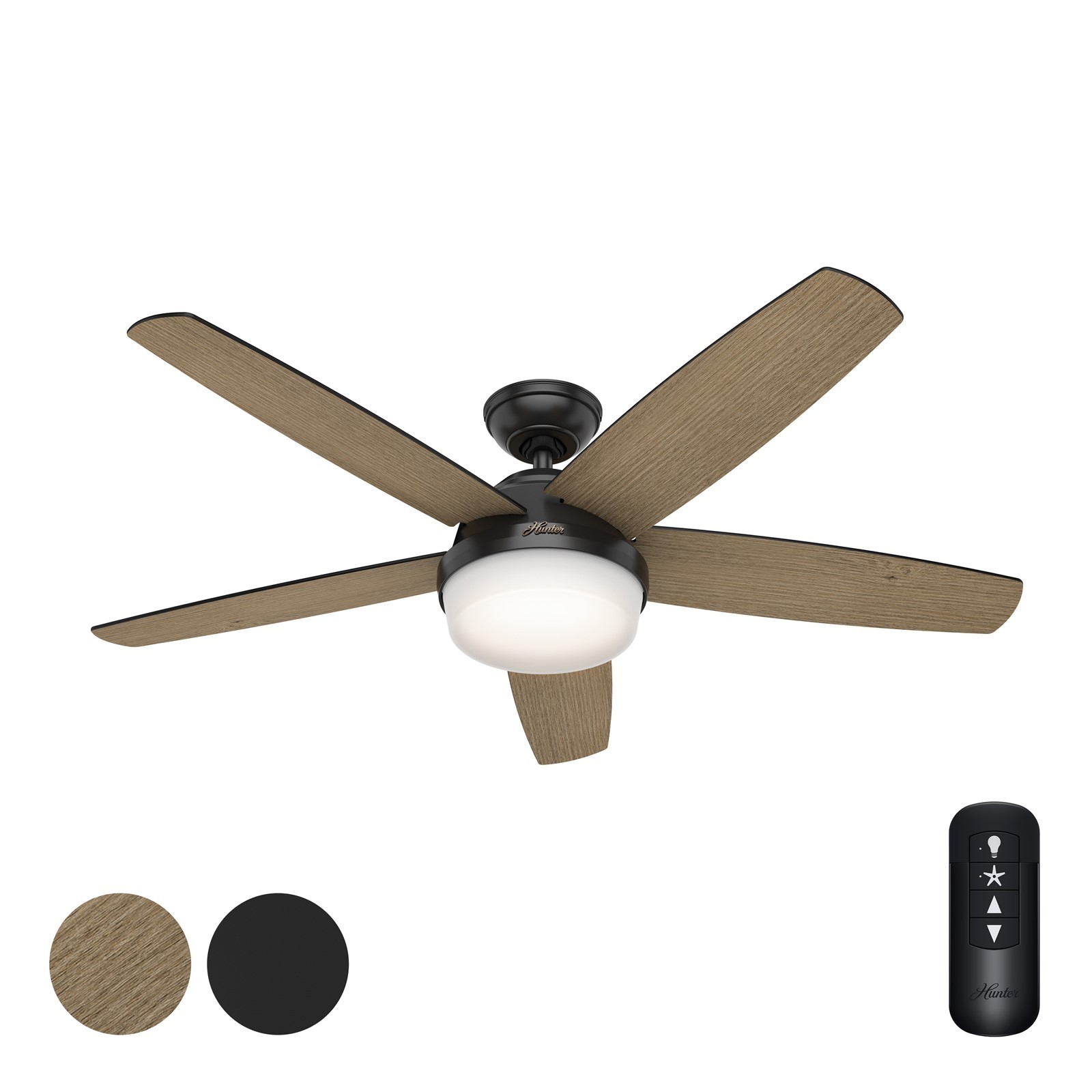 Hunter Fan 52 inch Matte Black Indoor Ceiling Fan with Remote Control and Light
