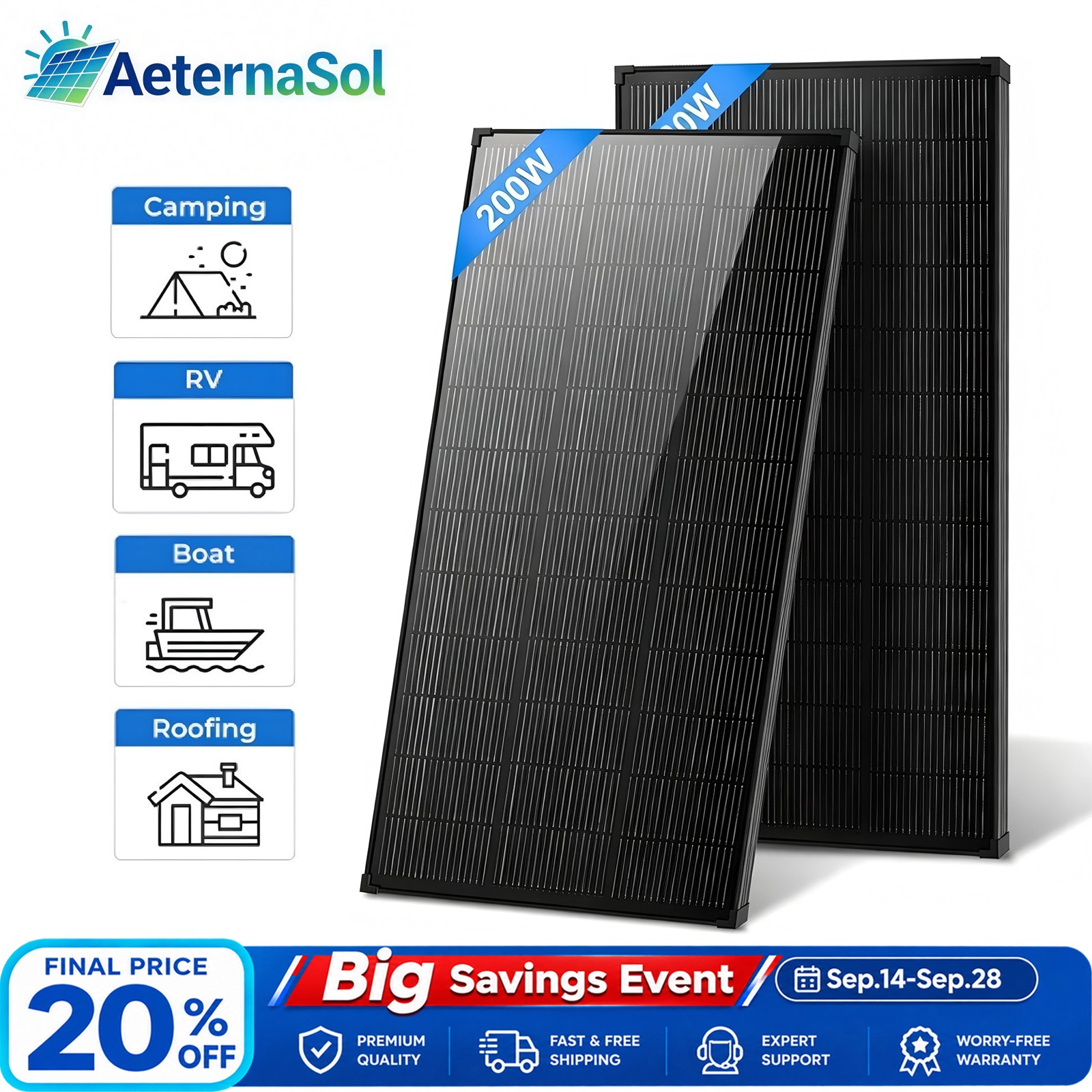 AeternaSol 2Pack 200W Solar Panel N-Type Mono 400W 18BB PV Home Roof RV Off Grid