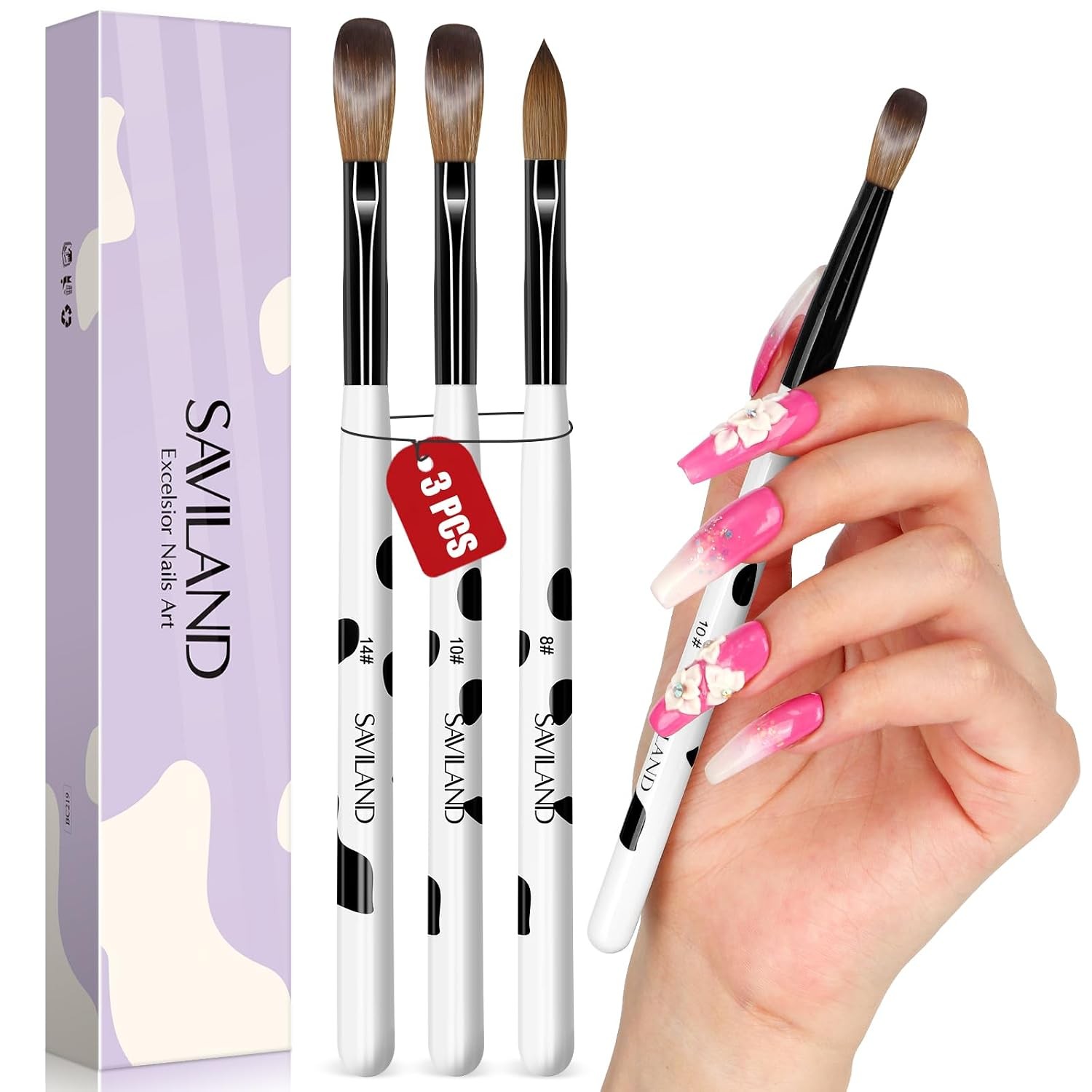 SAVILAND 3PCS Acrylic Nail Brush Set Size 8/10/14 Black & White