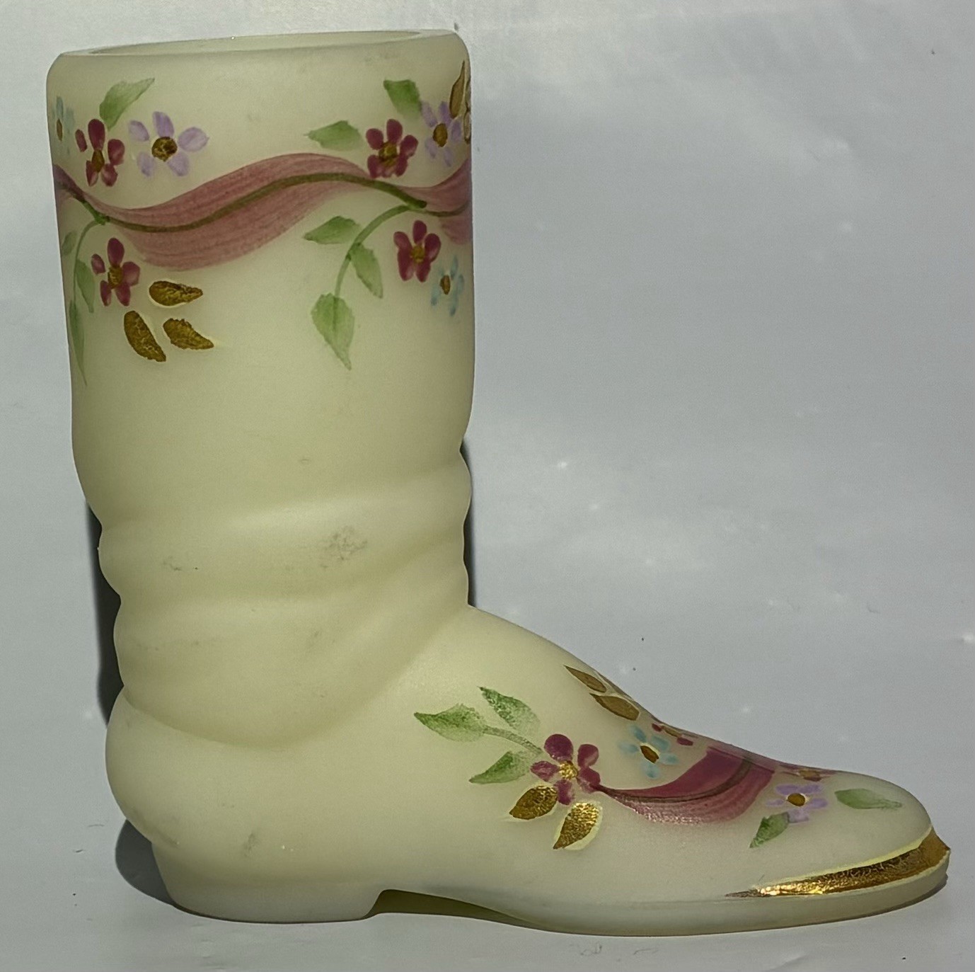 Fenton Glass Art Hand Painted White Satin Miniature Boot signed D Fredrick Fenton Glass Art Hand Painted White Satin Miniature Boot signed D Fredrick