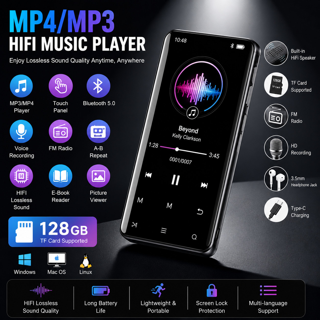 MP4/MP3 Player Support 128GB Bluetooth Lossless Music FM Radio Recorder Sport US