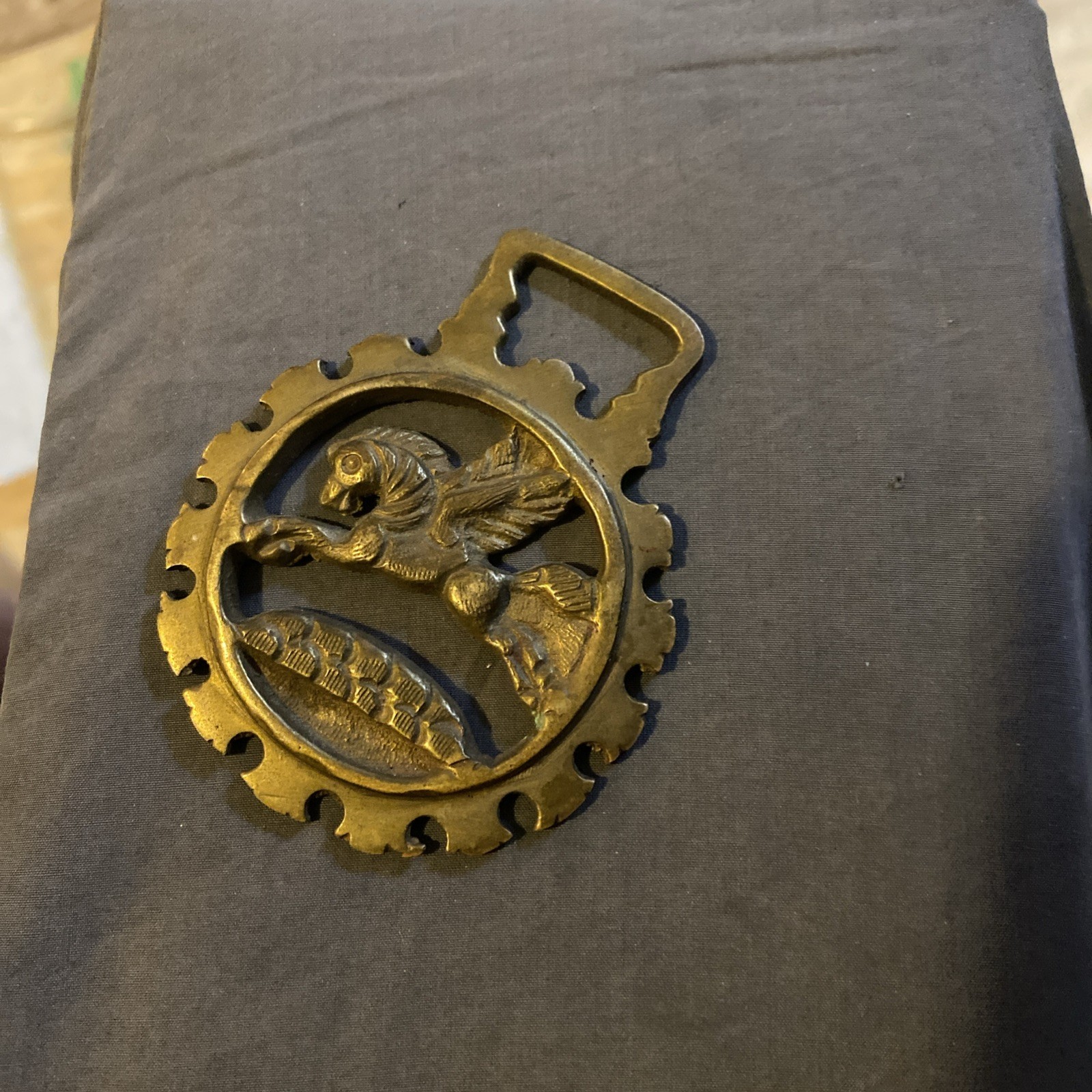 Brass Horse Medallion Vintage English Pegasus Fly Myth Fantasy Crown Harness Brass Horse Medallion Vintage English Pegasus Fly Myth Fantasy Crown Harness