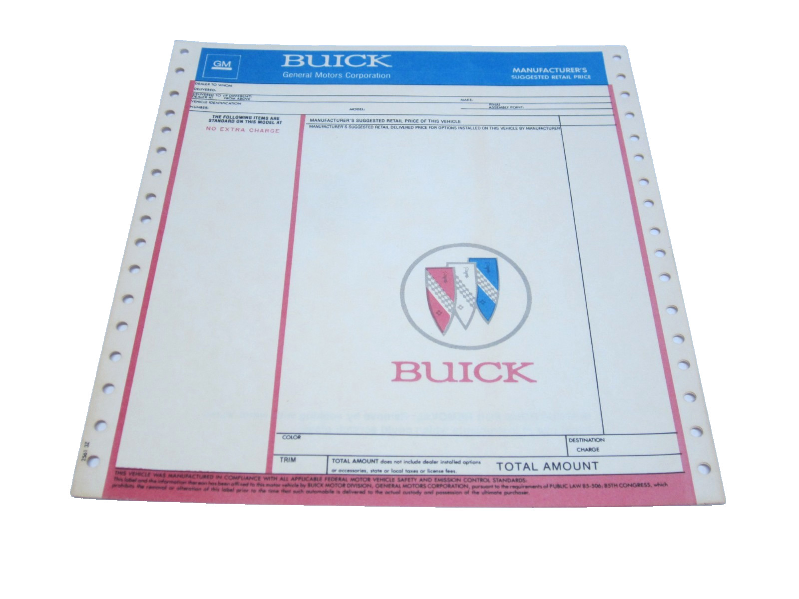 RARE 1969 - 1974 BUICK NEW OEM BLANK CAR WINDOW INFORMATION STICKER #FD-13