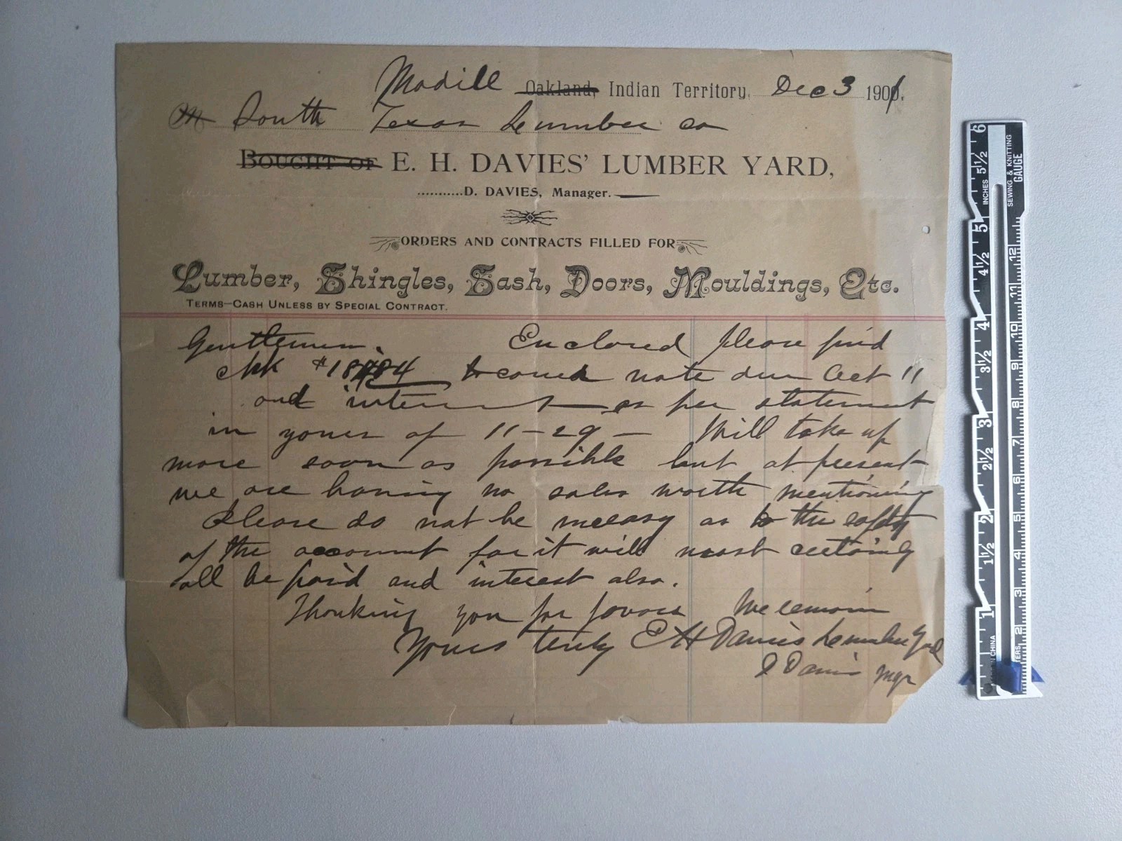 E H Davies Lumber Yard Madill Indian Territory Antique Letter Oakland Stationery