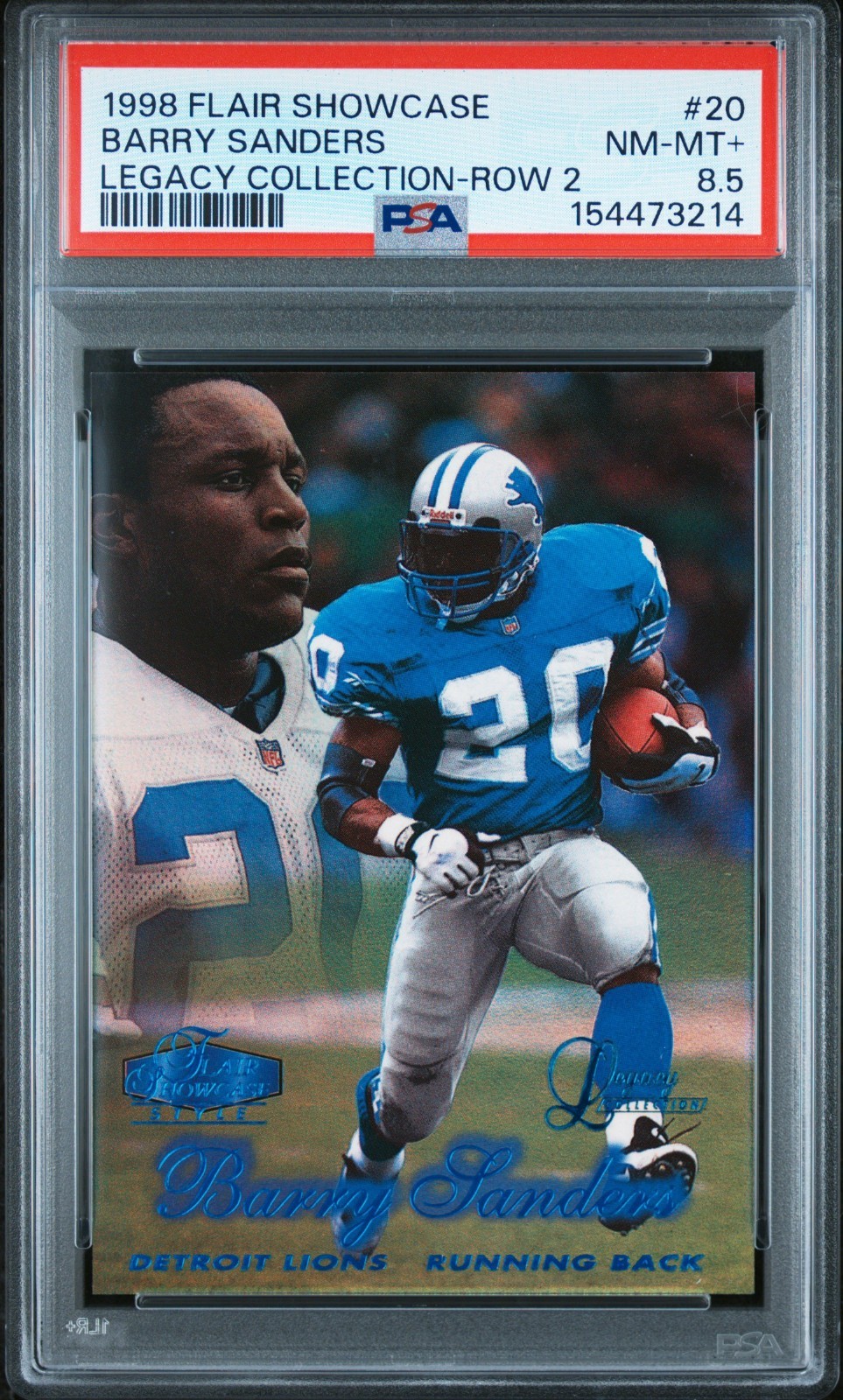 1998 FLAIR SHOWCASE BARRY SANDERS ROW 2 LEGACY COLLECTION 4 /100 PSA 8.5 NM-MT+