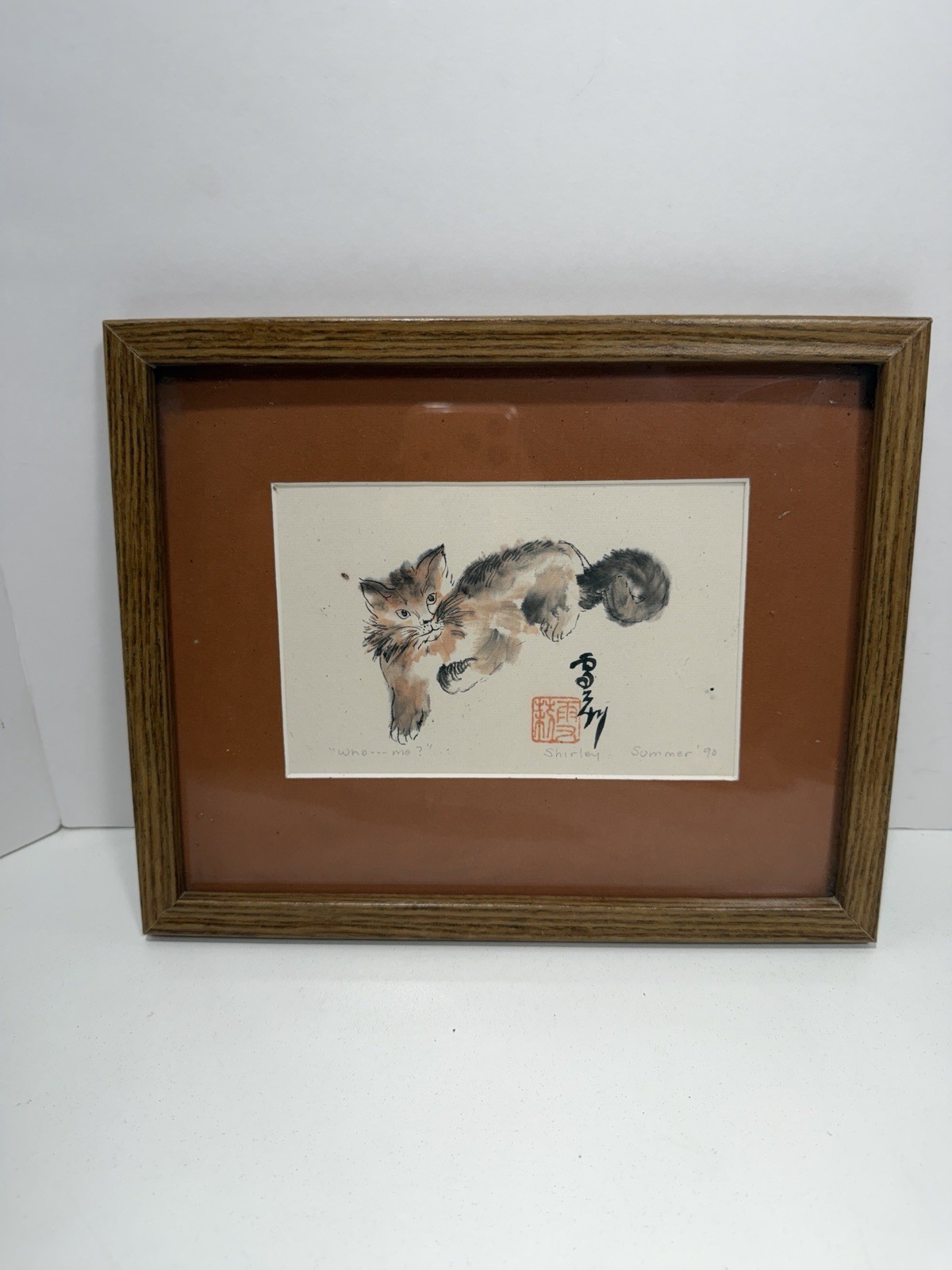 Japanese-style Sumi-e ink wash Painting of cat with red seal 1990 Signed Shirley Japanese-style Sumi-e ink wash Painting of cat with red seal 1990 Signed Shirley
