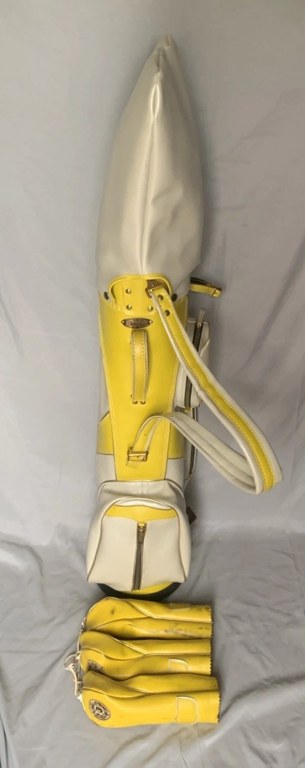 VTG 1960’s Golfcraft Leather Golf Bag Rare Canary Yellow W/Matching Club Covers VTG 1960’s Golfcraft Leather Golf Bag Rare Canary Yellow W/Matching Club Covers