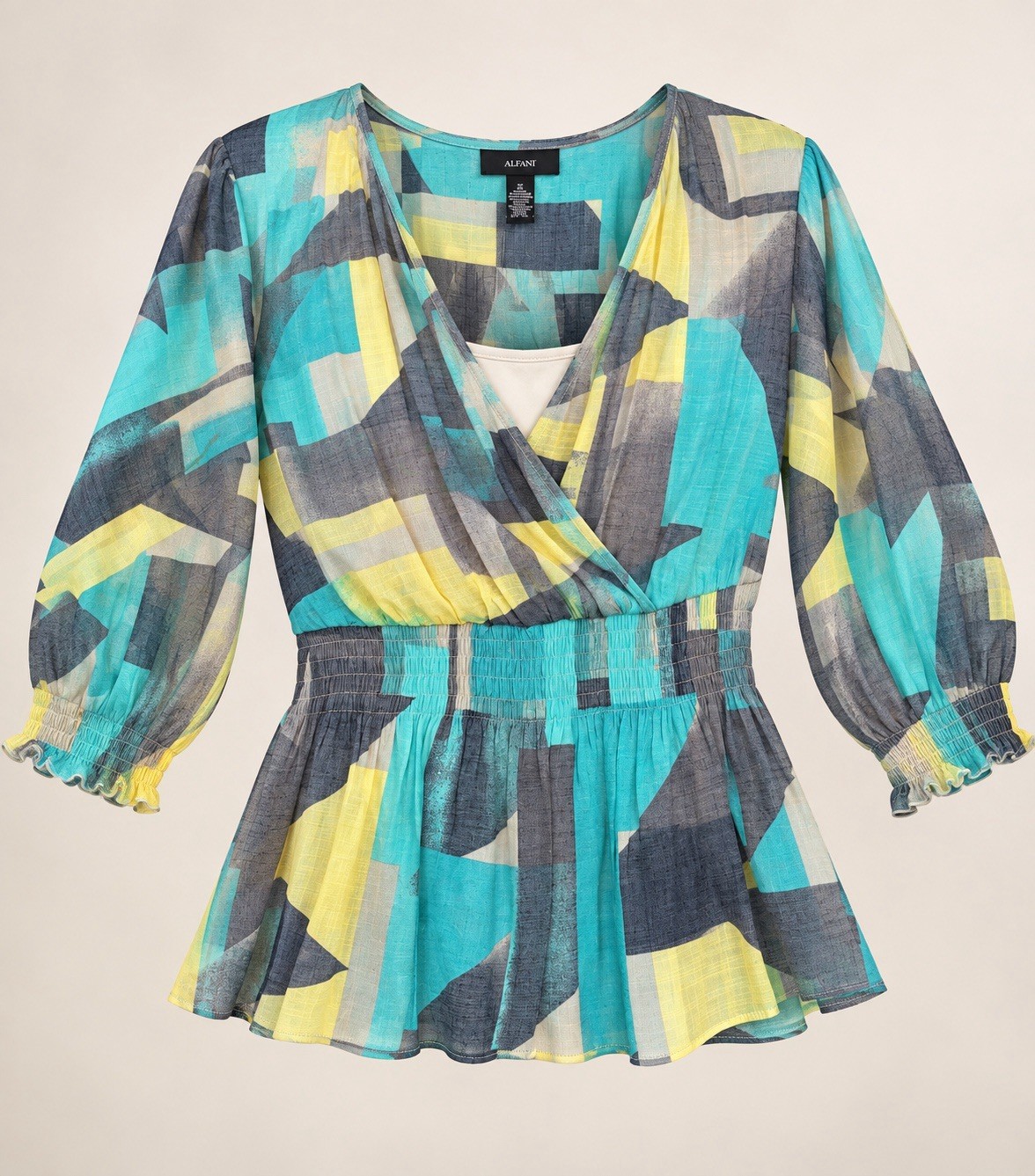 Women’s Alfani Teal, Aqua, Yellow & Gray Geo Block Blouse, 2 PC, Size 16 NWT Women’s Alfani Teal, Aqua, Yellow & Gray Geo Block Blouse, 2 PC, Size 16 NWT