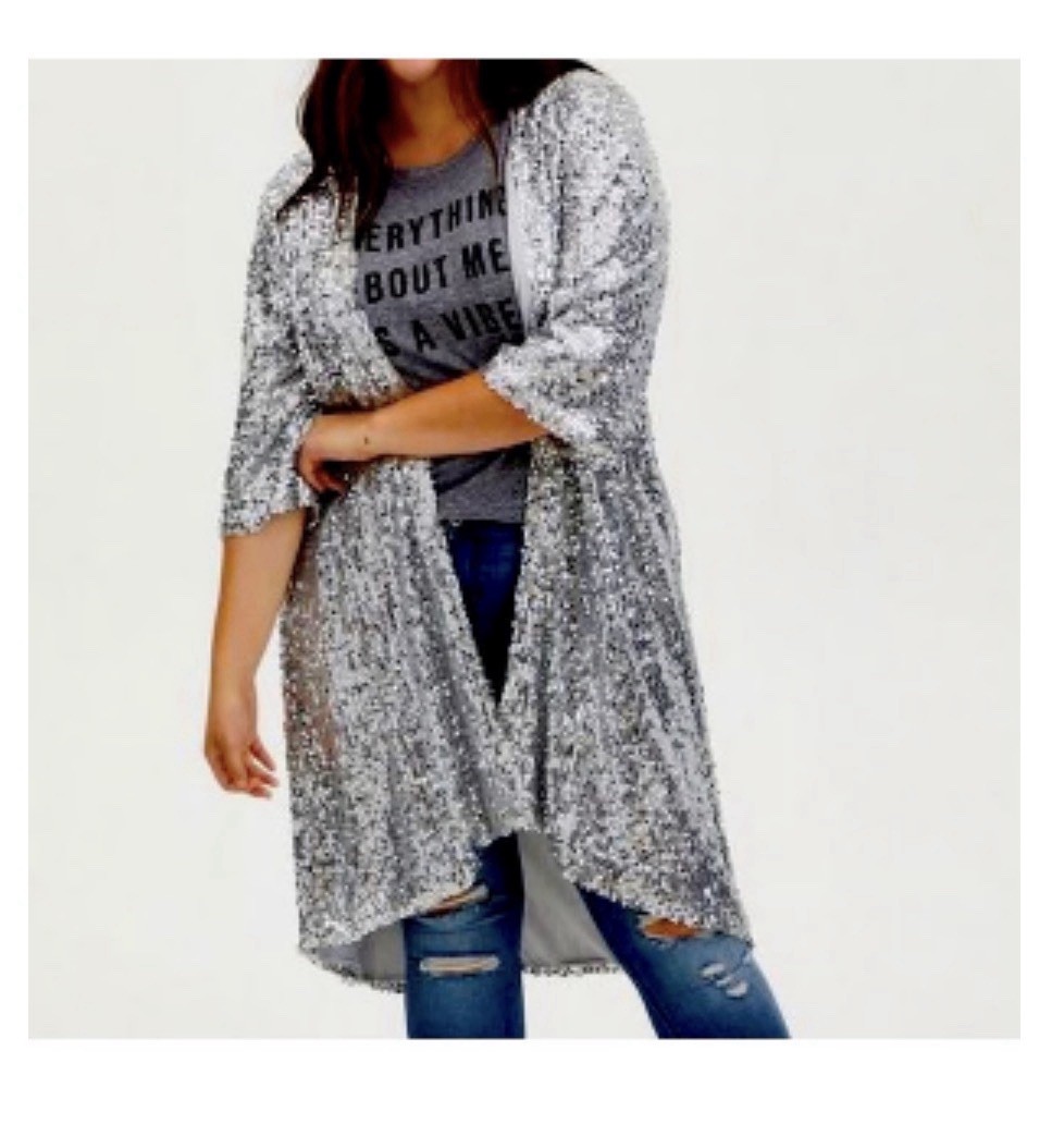 NWT Torrid Silver Sequin Open Front Duster Cardigan Jacket Size 1 (1X) Kimono