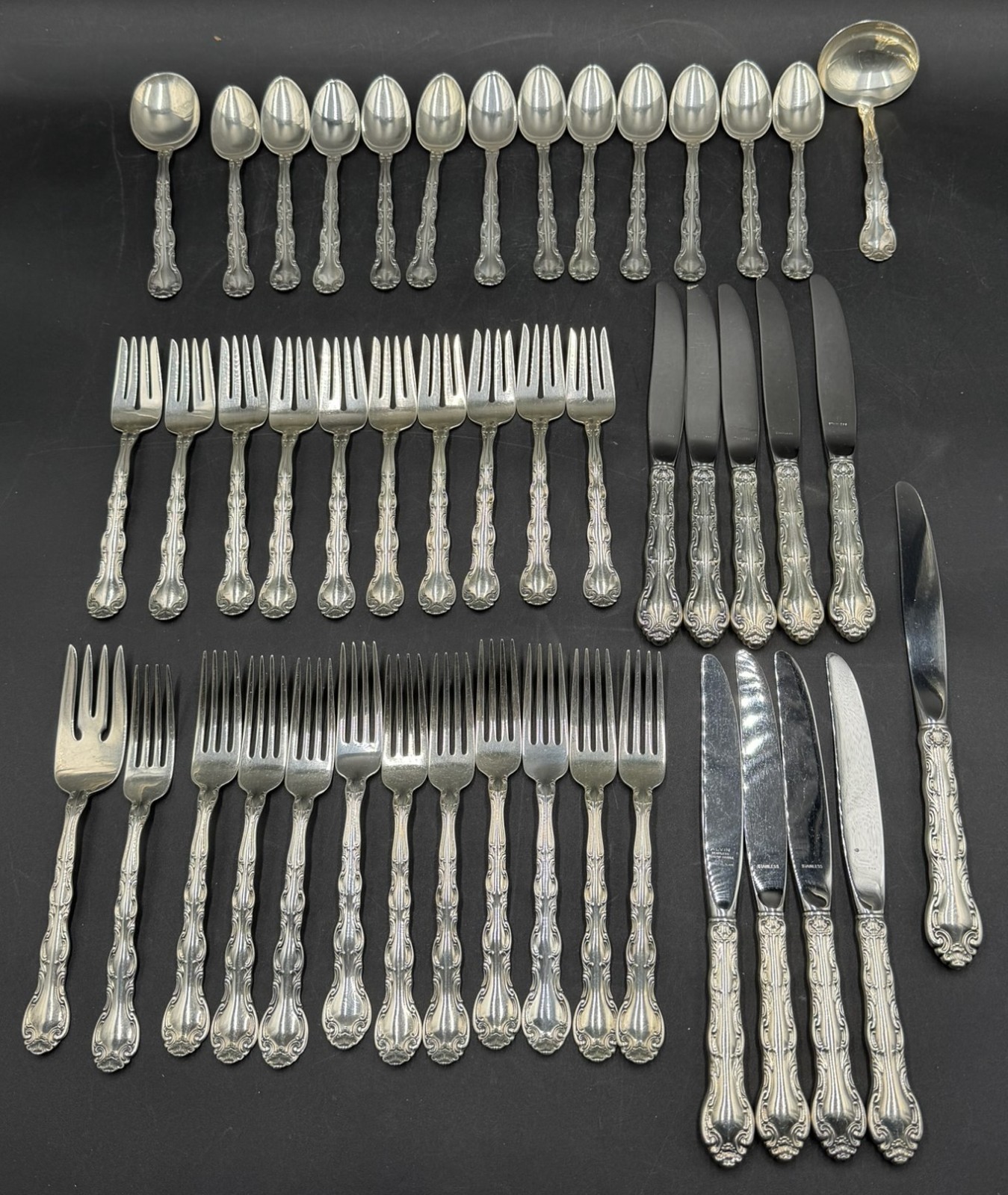  46pc Vintage ALVIN FRENCH SCROLL Sterling Silver Flatware Set