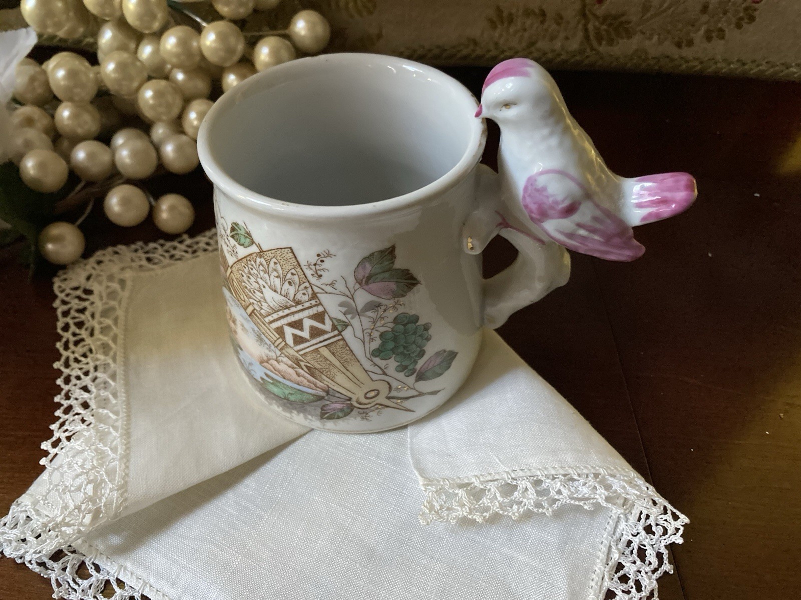 Antique Transferware Esthetic Period Bird Whistle Child’s Cup Gold Luster 1890s