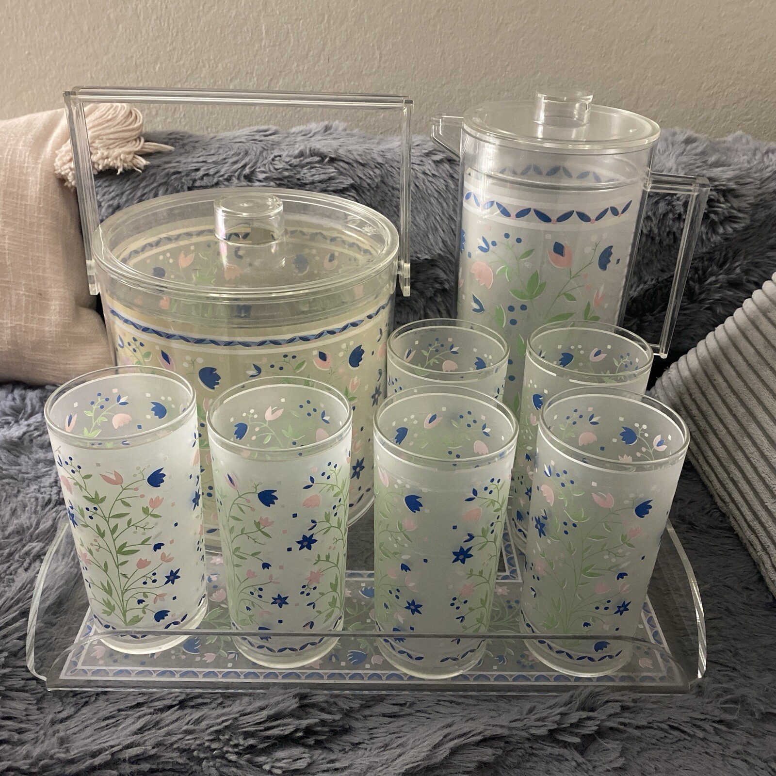 Vtg H J Stotter Acrylic Floral Tumbler Cups Ice Bucket Large Tray Pitcher Set