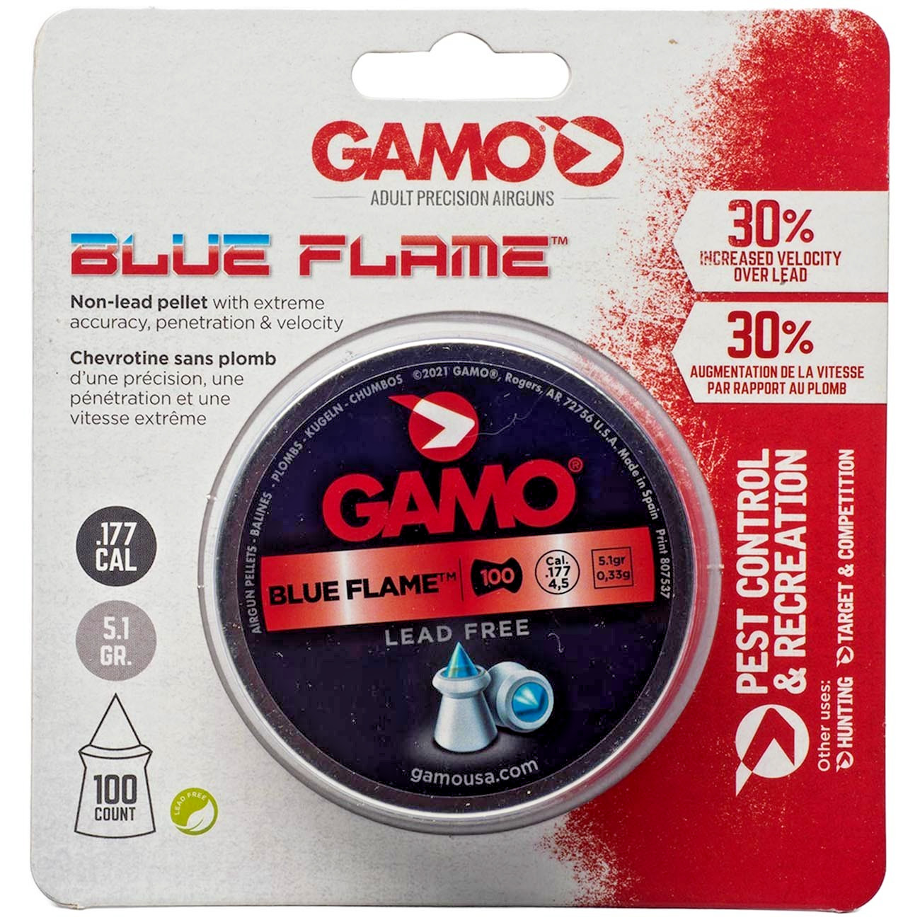 GAMO 100 Count BLUE FLAME Polymer Tip Lead-Free 4.5mm .177 Caliber Air Pellets