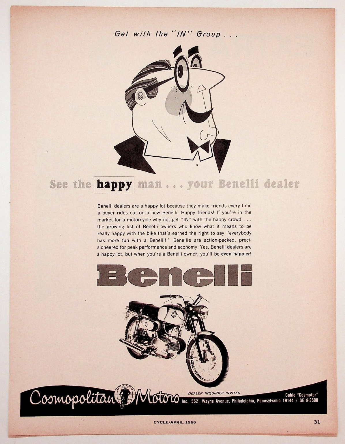 1966 Benelli Motorcycle Ad Philadelphia Cosmopolitan Motors Vintage Print