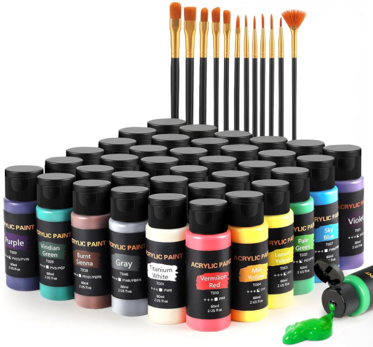 Set Pintura Acrílica 36 Colores con 12 Pinceles para Lienzo Madera Cerámica Tela
