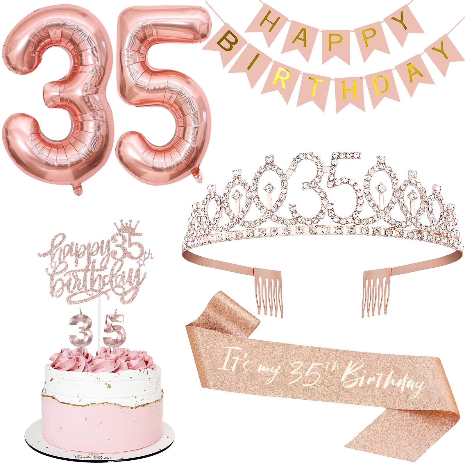 35th Birthday Decorations for Women, Including 35th Tiara and Sash, Happy Bir...