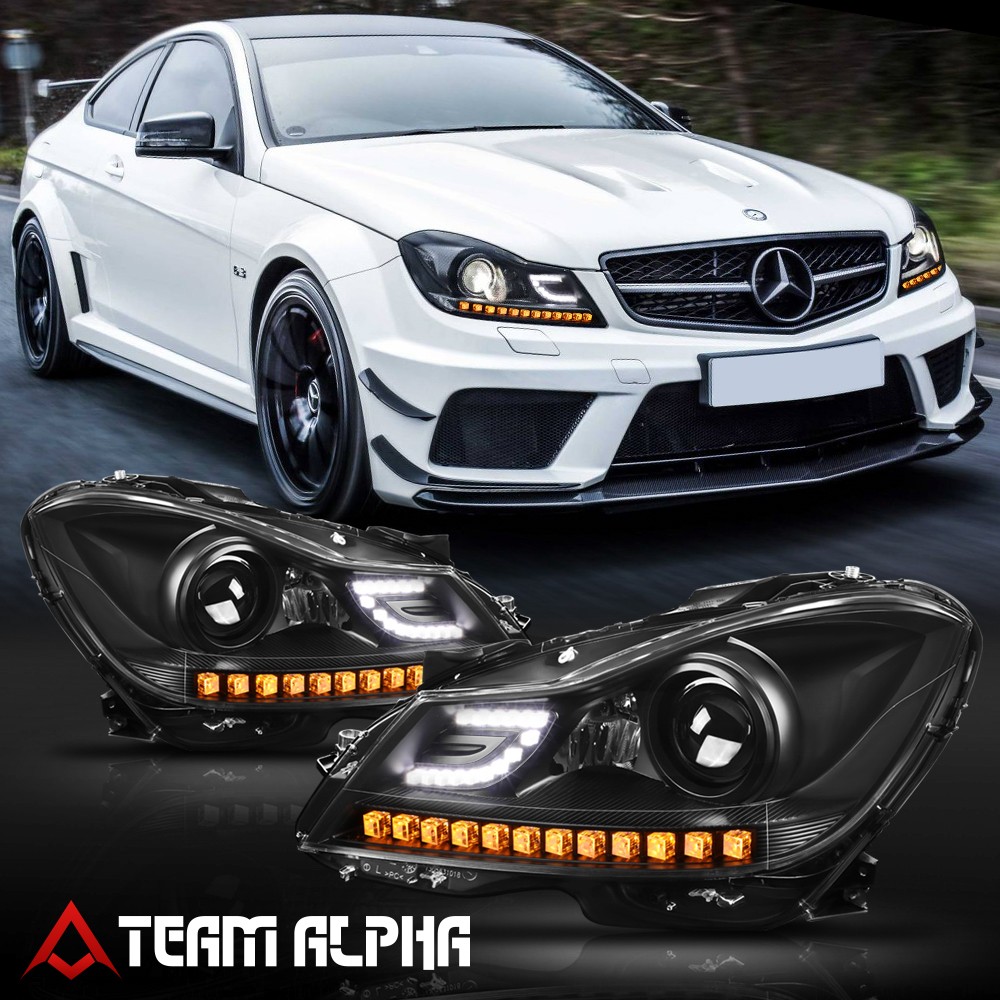 Fits 2011-2015 Mercedes W204 C-Class{3D LED DRL/SIGNAL}Black Projector Headlight