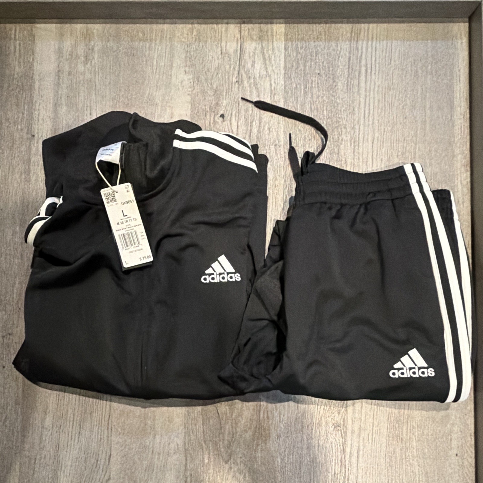 adidas Men’s Black/White 3-Stripes 2-Piece Tracksuit Set, Size L adidas Men’s Black/White 3-Stripes 2-Piece Tracksuit Set, Size L