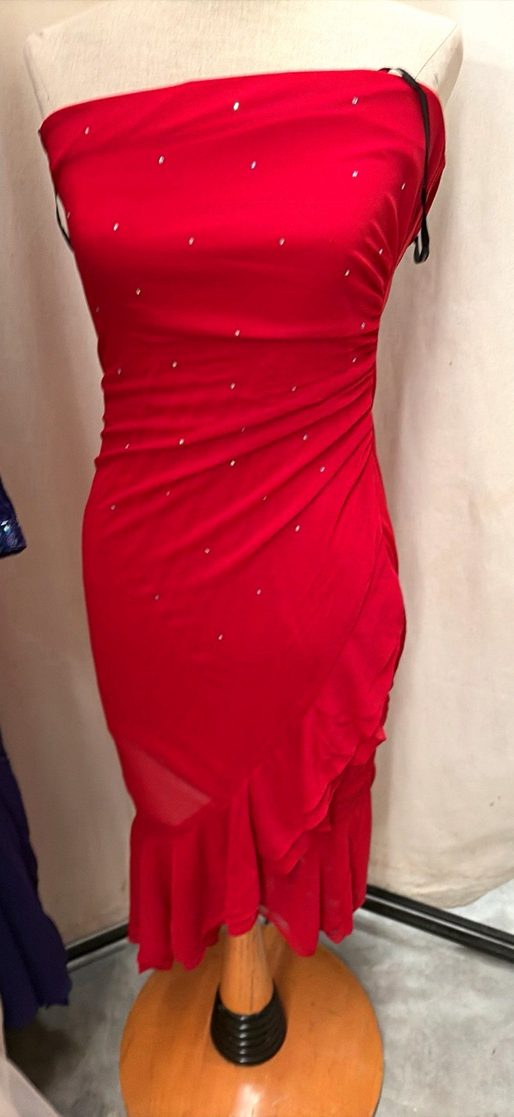 Women\'s Red Strapless vintage rampagekner-Length Dress, m Beaded Accents Zip