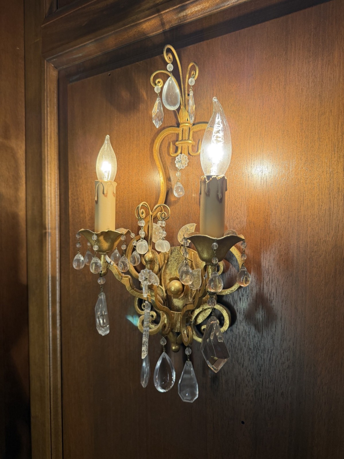 Sherle Wagner Scroll & Crystal Sconces Florentine Gold