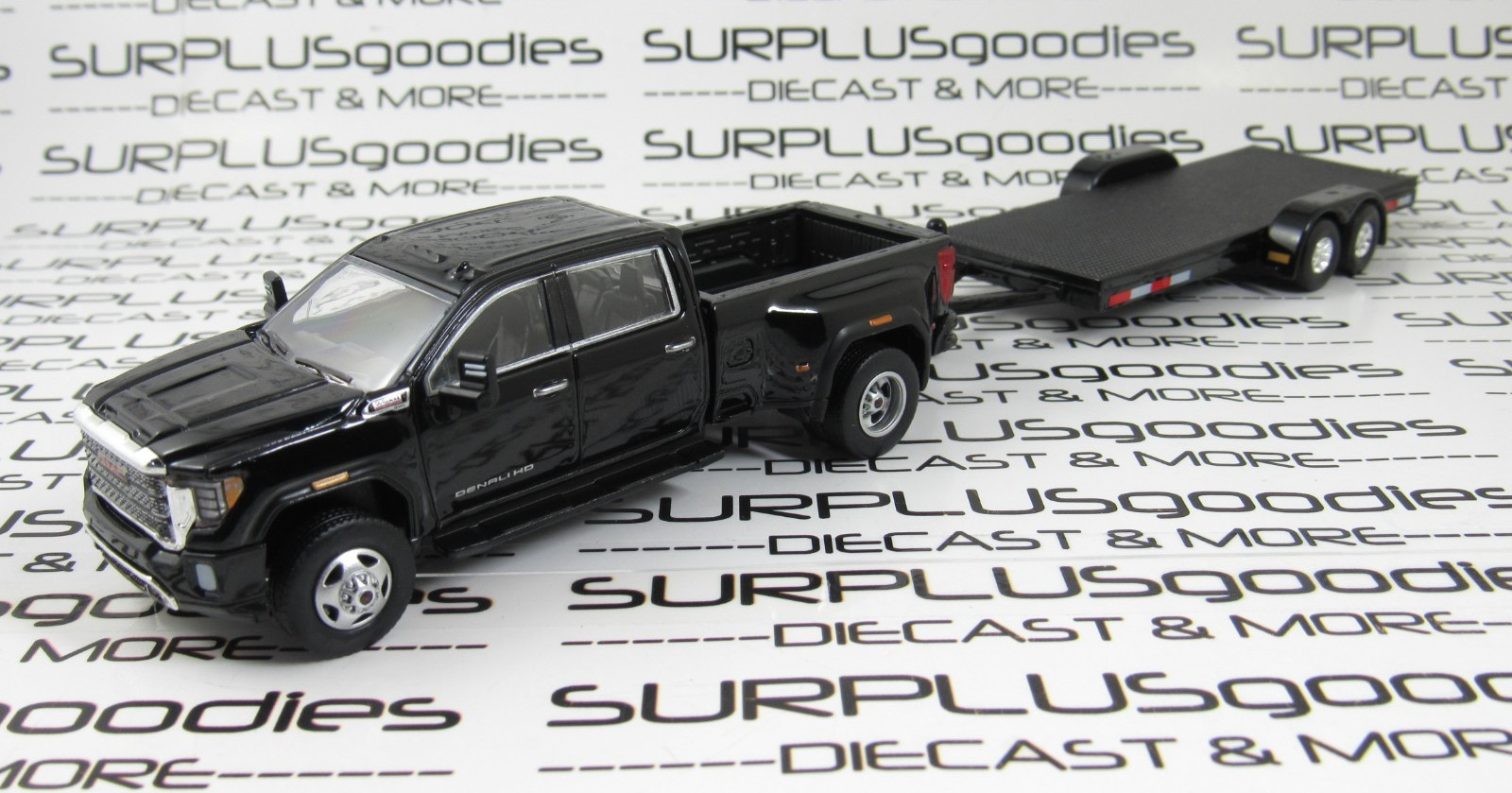 Greenlight Black 2022 GMC SIERRA 3500 DENALI Dually Pickup w/Open Car Trailer