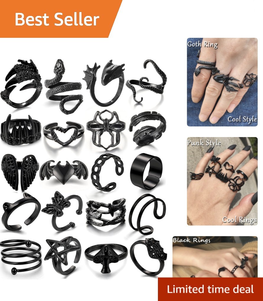 20-Piece Black Gothic Vintage Rings Set - Unique Punk Jewelry for All Occasions