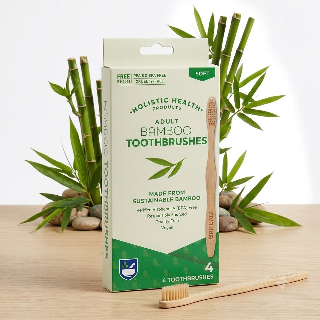 Rite Aid Adult Bamboo Toothbrushes, 4 Pack | Eco-Friendly Soft Bristles BPA-Free