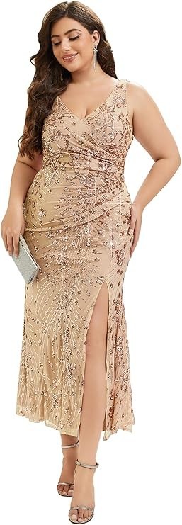 Ever-Pretty Plus Women’s Elegant Sequin Slit Sleeveless V Neck, Gold SZ:24 Ever-Pretty Plus Women’s Elegant Sequin Slit Sleeveless V Neck, Gold SZ:24