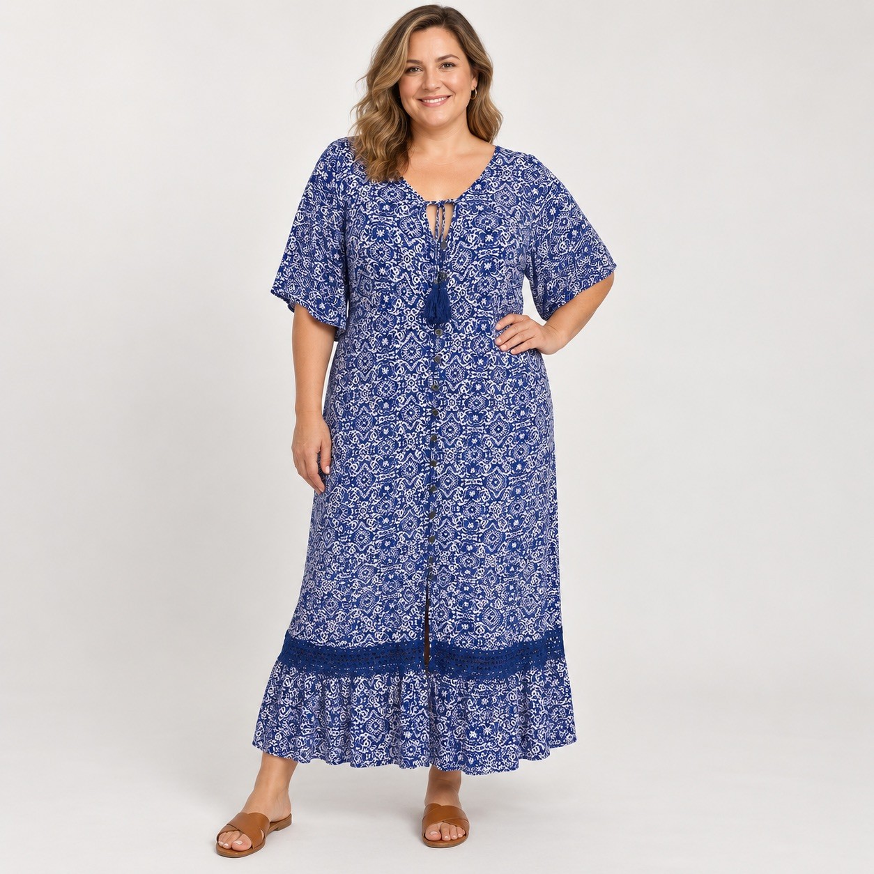 Artesia Boho Dress Women\'s XXL 100% Rayon Tassel Tie Blue Pink Print