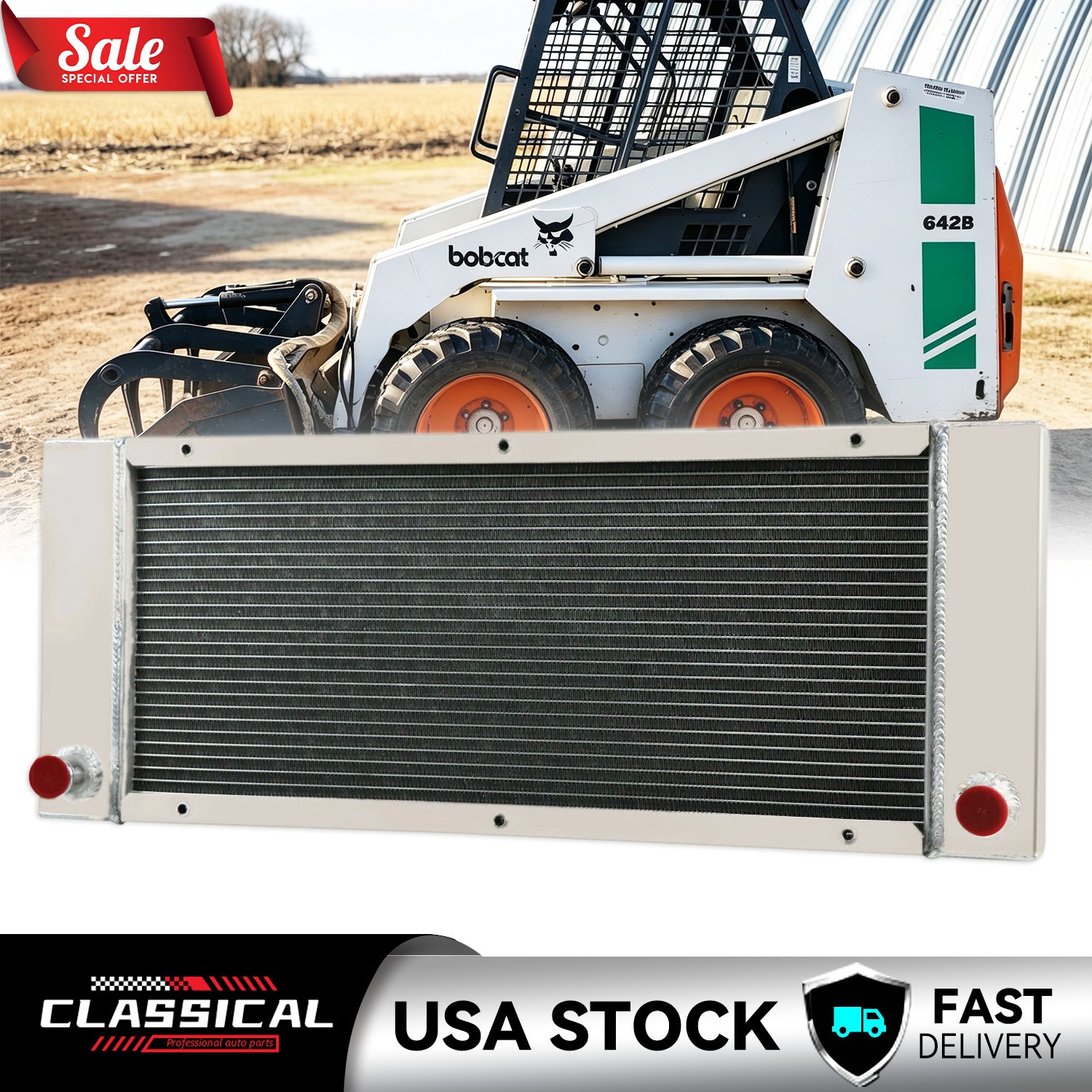 4 Row Aluminum Radiator for Bobcat Skid Steer 642 642B 643 722 742 743 # 6571713